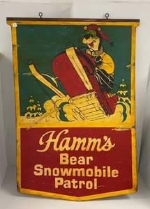 lot 1 image: Vintage 46 14 x 33 12 Custom Hand Painted Hamms Bear Snowmobile Patrol Wooden Sign Dated 1980