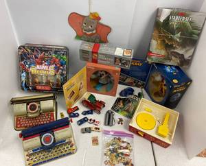 lot 15 image: Group of Vintage Toys,Cracker Jack toys, Redlines, Mickey Mouse and more.
