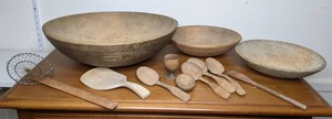 lot 69 image: 12 Piece Lot of Vintage Wooden Kitchenware, Rustic Bowls, Spoons, Spatula, Strainer and More