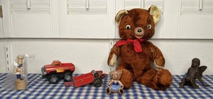 lot 71 image: Sweet Collection of Vintage Toys Teddy Bears, Big Foot Truck, Wooden Chef Toy, Cast Iron Fairy Figure and More