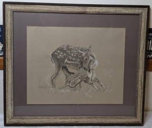 lot 107 image: Framed Art Drawing of Doe and Fawn Nursing