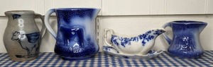 lot 63 image: Cow Collectors Lot 3 VintageAntique Cow Pitchers and an Antique Grindley Catherine Mermet Flow Blue Gravy Boat