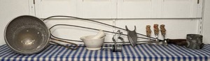 lot 65 image: Vintage Kitchen Wares Juistractor, Mortar and Pestle, Cookie Cutter, Cone Shaped Strainer and More