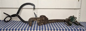 lot 47 image: Vintage Hand Tools Ice Block TongsCarrier, Trimont Adjustable Pipe Wrench, Clamp On Bench Vise