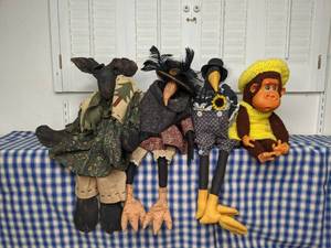 lot 48 image: Lot of 3 Soft Bodied Fabric Animal Toys 1 Moose, 2 Crows, plus 1 Crocheted Monkey