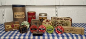 lot 49 image: Lot of Vintage Product Containers Watkins Salves & OIntments, Tiger Brand Tobacco, Calumet BP, Climax Tobacco & More