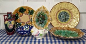 lot 52 image: 7 Piece Collection of Brightly Colored Vintage Ceramics German Made, Majolica Etruscan and More