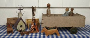 lot 73 image: Collection of Vintage Wooden Toys and a Birdhouse