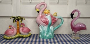 lot 57 image: Flamingo Collectors Lot Salt & Pepper Shakers, Cookie Jar, Glass Sculpture