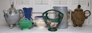 lot 62 image: 7 Piece Ceramic Collection, Unusual Mix of Styles, Teapots, Roseville, Red Wing, Homer Laughlin & More