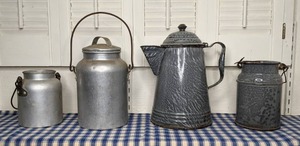 lot 45 image: Lot of 3 Vintage Metal Pails (1 with a Lid) and Vintage Enamel Coffee Pot with Lid (Mirro and Viko)