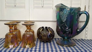 lot 46 image: Vintage Carnival Glassware Pitcher, 4 Goblets, Candle Holder
