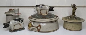 lot 32 image: Bob Andersen - Sunflower Pottery Collection, 1980s Casserole Dish & Smaller Dish with Lids, Candle Holder, Jar with Lid