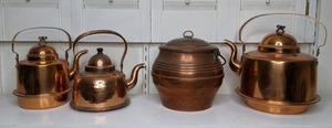 lot 36 image: Collection of (3) Vintage Copper Kettles and a Copper Water Jar (Knut Erikkson & HJ Karlsson, Eskilstuna)