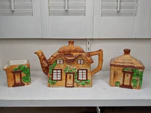 lot 24 image: Vintage 1940s Westminster Hanley Staffs Stone Cottage Teapot, Creamer and Sugar Bowl