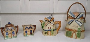 lot 26 image: Quaint Vintage Windmill Cottage Ware Sugar Bowl, Creamer, Teapot and Biscuit Jar