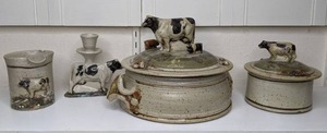 lot 29 image: Bob Andersen - Sunflower Pottery Collection, 1980s Casserole Dish, Candle Holder, Creamer, Sugar Bowl