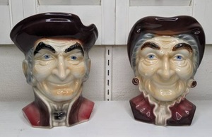 lot 22 image: Vintage Royal Copley Old Colonial Couple Toby Head Wall PocketsVases