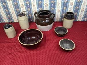 lot 387 image: Assorted Stoneware Bowls, Canning Crocks, and Bean Pot