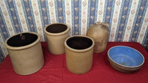 lot 388 image: Assorted Stoneware Crocks, Jug, and Bowl