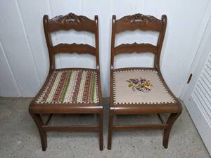 lot 305 image: Pair of Vintage Dining Chairs with Embroidered Seats
