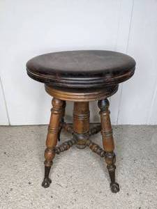 lot 37 image: Antique Wooden Swivel Piano Stool with Glass Ball Claw Feet, Turned Wood