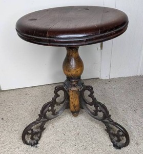lot 38 image: Antique Wooden Swiveling Piano Stool with Wrought Iron Scrolled Legs