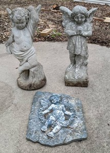 lot 529 image: Garden Decor Set of (2) Angel Statues and (1) Angel Wall Decor