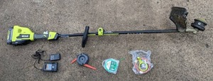 lot 541 image: Ryobi 40V HP Brushless Cordless Carbon Fiber Shaft Attachment Capable String Trimmer w Battery & More