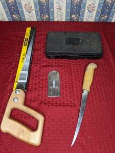 lot 651 image: Hand Tools Stanley Compass Saw with Extra Blade, Razor Scraper, ScrewdriverSocket Set, Filet Knife