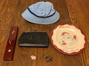lot 661 image: Mixed Lot Bucket Hat, Embossed Clutch Purse, Hair Sticks in Case, Wooden Christmas Plate, Tiny Pink Pig and More