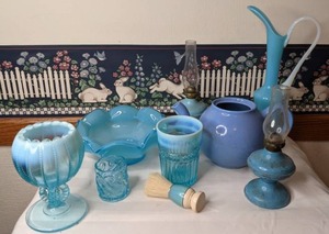 lot 641 image: Lot of Vintage Blue Glass & Ceramics and One Lantern Italian Empoli, Uptons Tea, LG Wright and More