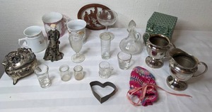lot 655 image: Mixed Lot of Vintage Small Decor and Glassware Chinese Tea Caddy, Porcelain Doll, Silver Creamer & Sugar Bowl & More