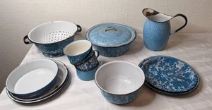 lot 630 image: Vintage Blue Enamel Ware Collander, Pans, Pitcher, Cups, Bowl, Plate and More