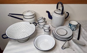 lot 631 image: Set of Vintage White with Blue Trim Enamel Kitchenware Double Boiler, Colander, Teapot, Cups, Plates, Funnel and More