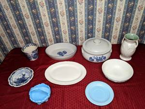 lot 429 image: Assortment of Antique Plates and Bowls Royal Staffordshire , Pfaltzgraff, Blue Milk Glass and More