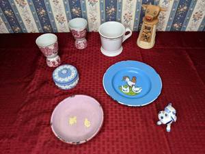 lot 430 image: Antique Cups, Dishes, Moo Cow Creamer and Figurine Cow Wedgwood, Limoges and More