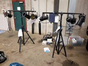 lot 302 image: Lot of (2) PTIMA Lighting Inc OPDM-20 3-Light Stage Light Tripod Tree, Mixer, Direct Box, Dimmer Pack, Junction Box, Accessories