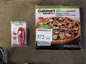 lot 372 image: Cuisinart Alfrescoamore Ceramic Glazed Cordierite Pizza Stone, Farberware Hands-Free Automatic Can Opener (Both Are New )