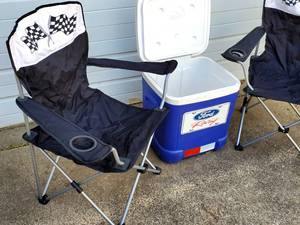lot 72 image: (2) Folding Camping Chairs and Igloo Cooler