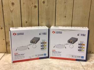 lot 7 image: Lot of 2 Contractor Select Wafer Series 6 in. 2700K3000K3500K Switchable White Integrated 1150 LM LED Canless Recessed Fixture by Lithonia Lighting Customer Returns See Pictures