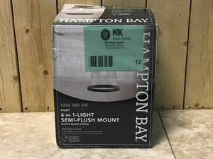 lot 12 image: Rigby 9.6 in. 1-Light Matte Black Round Flush Mount, Farmhouse Ceiling Light by Hampton Bay Customer Returns See Pictures