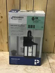 lot 13 image: Park Court 15 in. 1-Light Textured Black Traditional Outdoor Wall Lantern with Clear Seeded Glass by Progress Lighting Customer Returns See Pictures