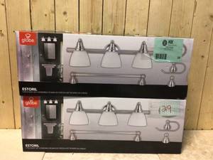 lot 29 image: Lot of 2 Estorial 3-Light Brushed Nickel Vanity Light with Frosted Glass Shades and Bath Set (4-Piece) by Globe Electric Customer Returns See Pictures
