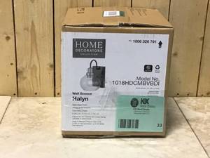 lot 33 image: Halyn 4.5 in. 1-Light Matte Black Indoor Wall Sconce with Vintage Brass Accents and Clear Glass Shade by Home Decorators Collection Customer Returns See Pictures