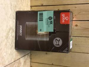 lot 38 image: Annecy 1-Light Plug-In or Hardwire Dark Bronze Pendant Light with Seeded Glass Shade by Globe Electric Customer Returns See Pictures