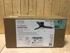 lot 51 image: Ashby Park 44 in. White Color Changing Integrated LED Bronze Ceiling Fan with Light Kit and 3 Reversible Blades by Home Decorators Collection Cusotmer Returns See Pictures