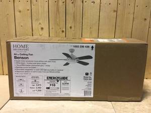 lot 55 image: Benson 44 in. LED White Ceiling Fan with Light and Remote Control by Home Decorators Collection Customer Returns See Pictures