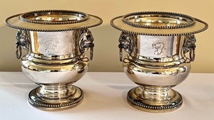 lot 31 image: Pair of Silver Plated Ice Buckets with Lion Figural Handles