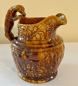 lot 32 image: Vintage Glazed Pottery Pitcher with Dog Figurine Handle